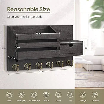 Key and Mail Holder for Wall, Mail Organizer Wall Mount with 6 Hooks