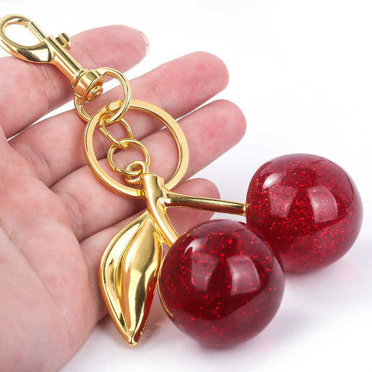 Fashion 3D Crystal Red Cherry Keychain Summer Fruits Cherries Pendant