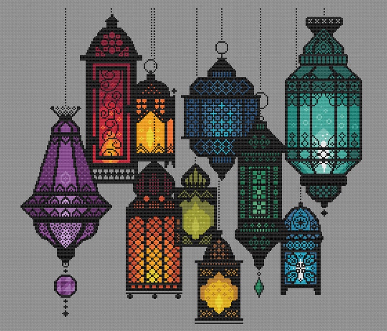 Cross Stitch Moroccan Lanterns, Festival of lights, Bohemian