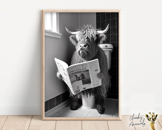 Highland Cow Sitting on the Toilet Reading a Newspaper,