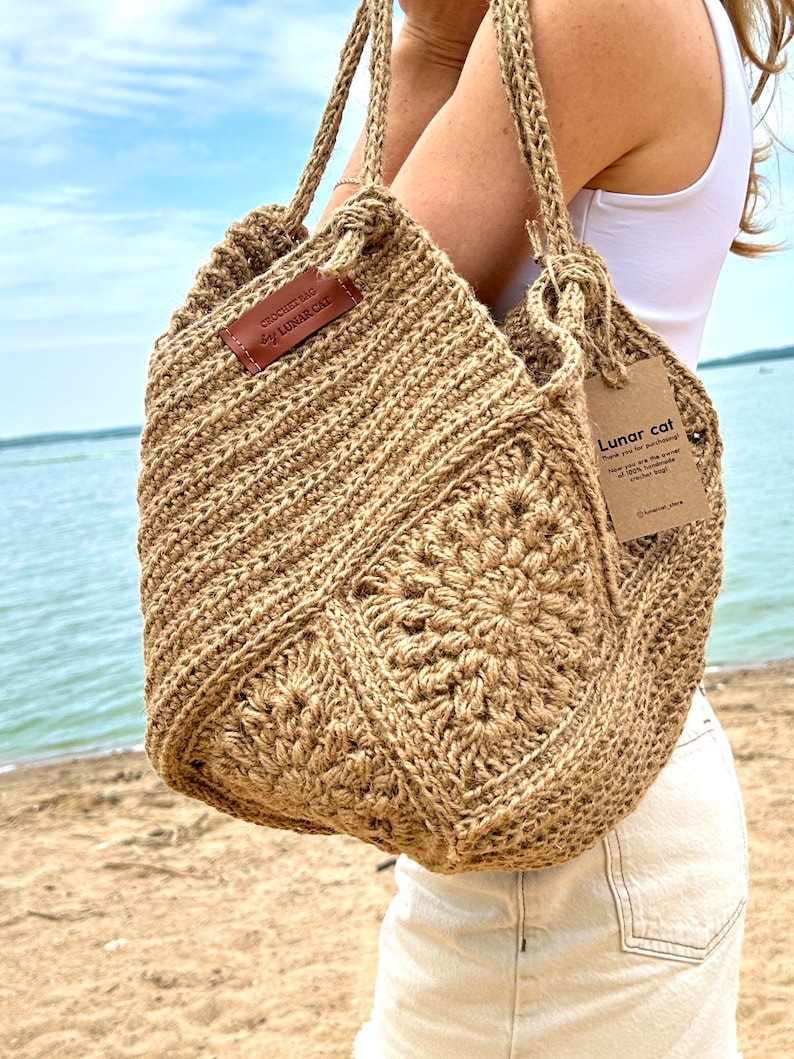 Crochet Jute Bag Pattern, Granny Square Hobo Bag