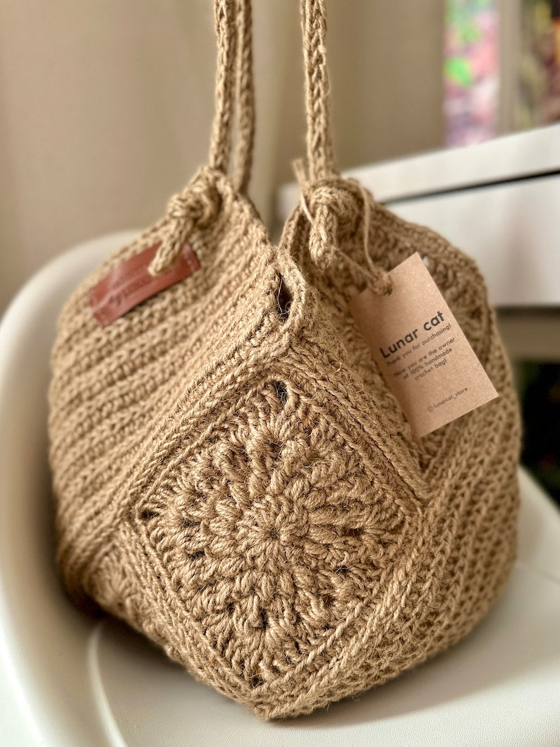 Crochet Jute Bag Pattern, Granny Square Hobo Bag