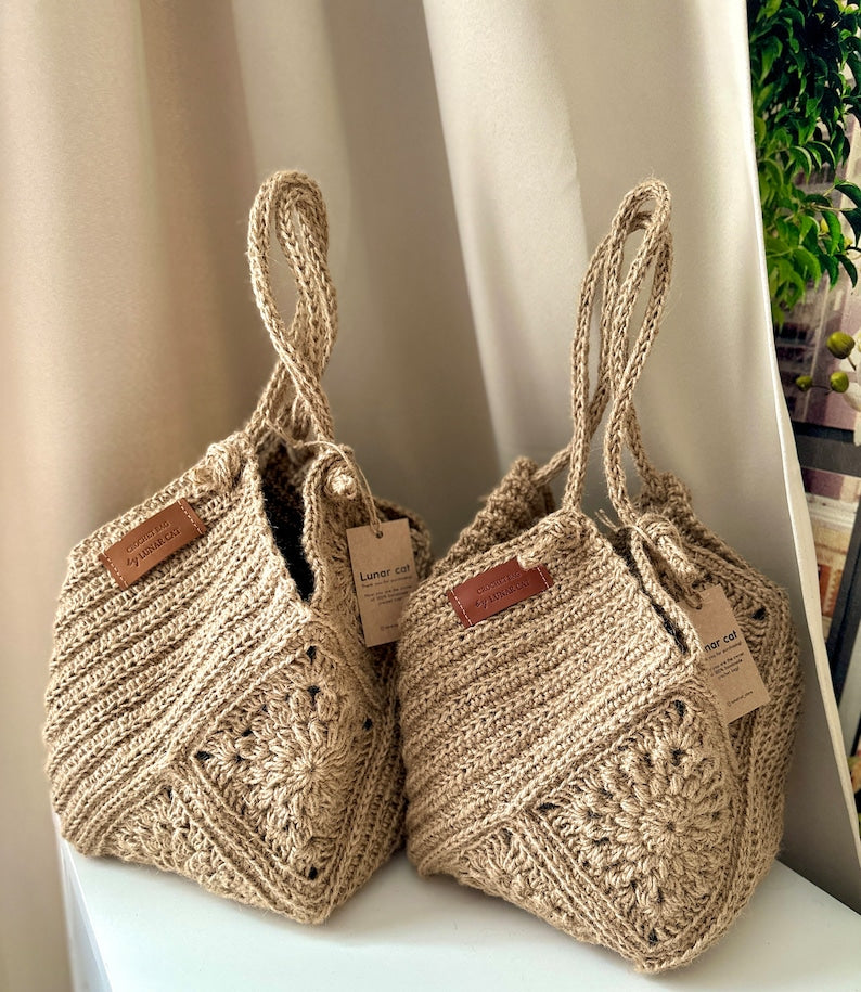 Crochet Jute Bag Pattern, Granny Square Hobo Bag