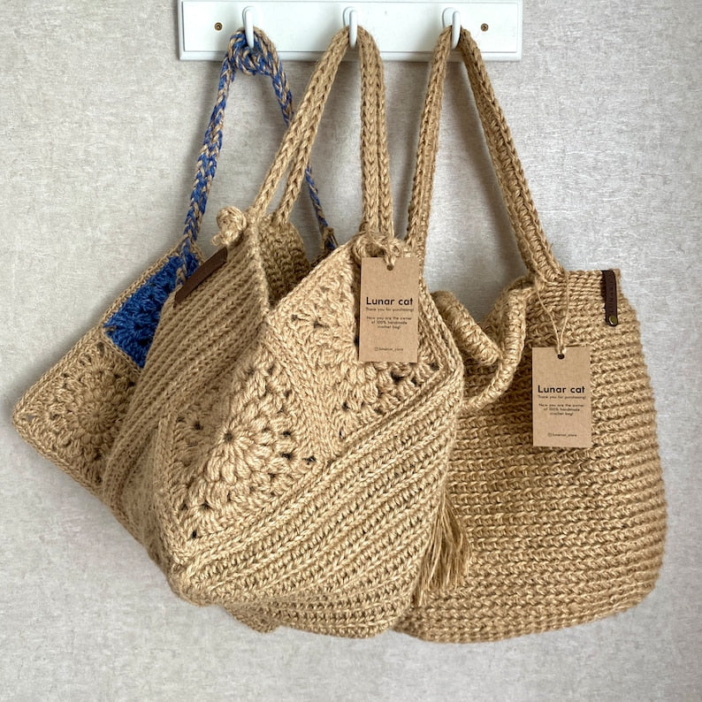 Crochet Jute Bag Pattern, Granny Square Hobo Bag