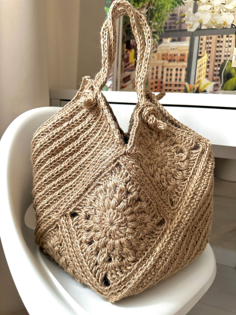 Crochet Jute Bag Pattern, Granny Square Hobo Bag