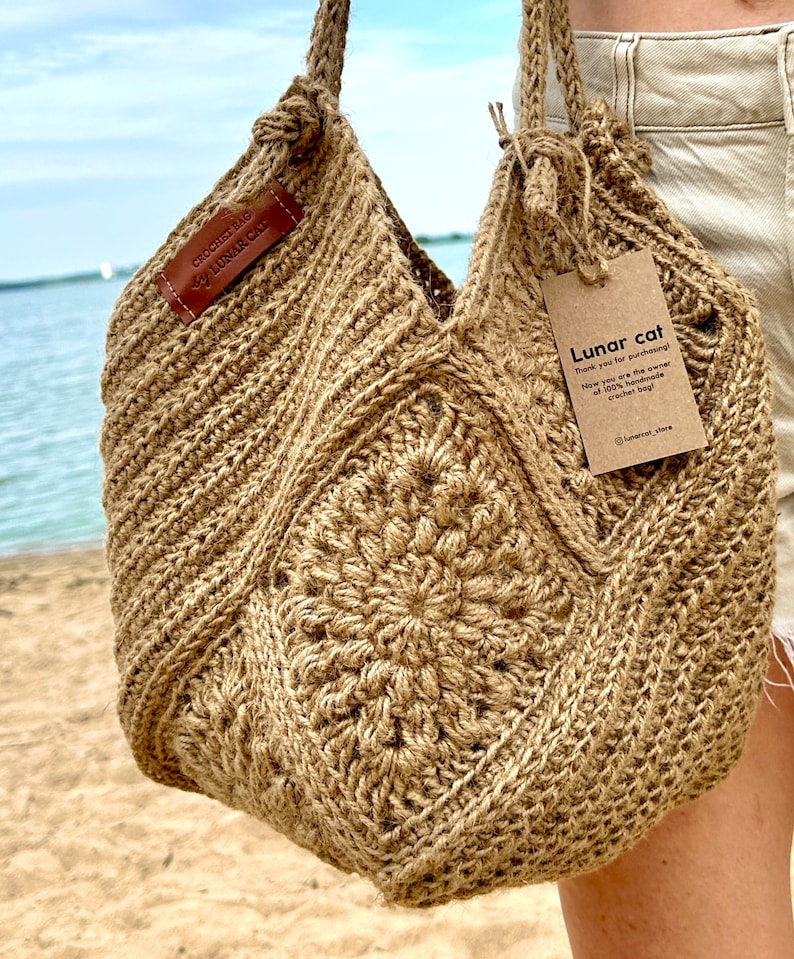 Crochet Jute Bag Pattern, Granny Square Hobo Bag